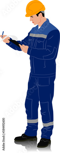 Hand drawn worker with a helmet. A worker holding a clipboard. Vector flat style illustration isolated on white. Full length view	