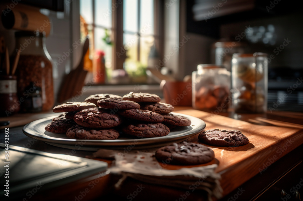 Delicious homemade chocolates cookies on rustic wooden table. AI generated