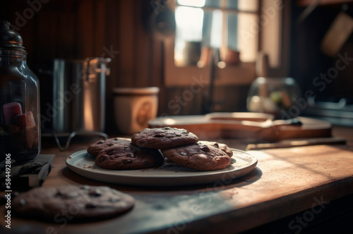 Delicious homemade chocolates cookies on rustic wooden table. AI generated