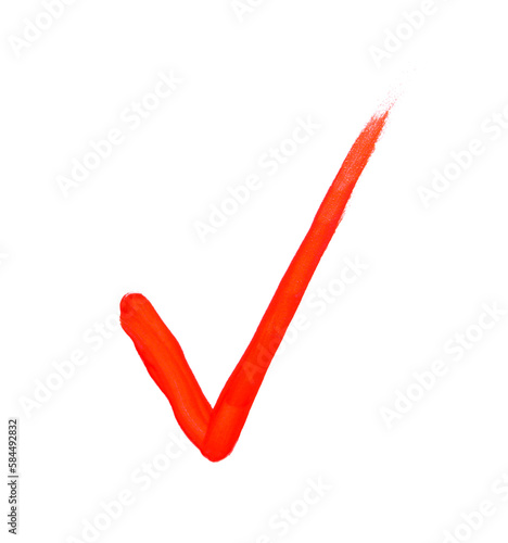 Check mark made of red paint on white background