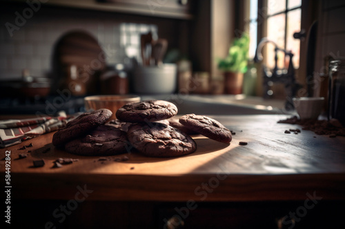 Delicious homemade chocolates cookies on rustic wooden table. AI generated