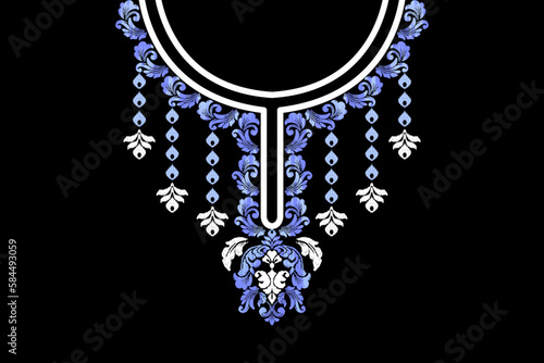 Embroidery neckline floral pattern. Beautiful ornament with colorful flowers. Fashion design.
