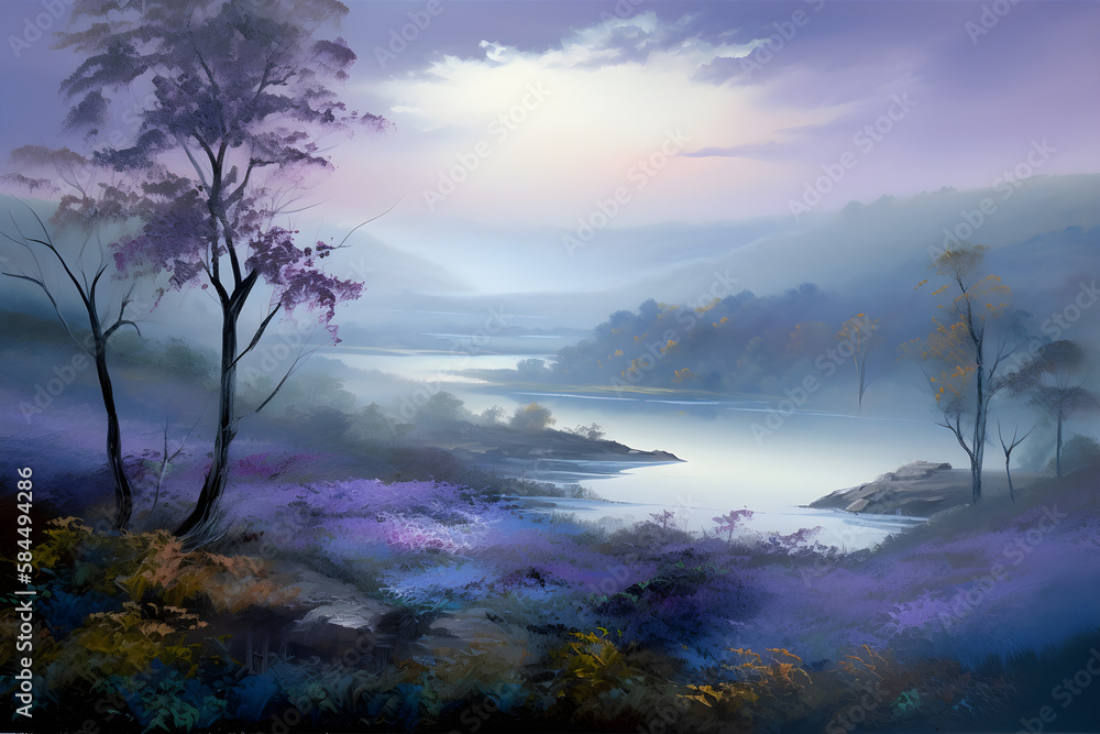 Misty Purple Landscape, River, Generative AI