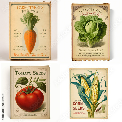 Vintage Corn, carrot, tomato, lettuce Seed Packets
