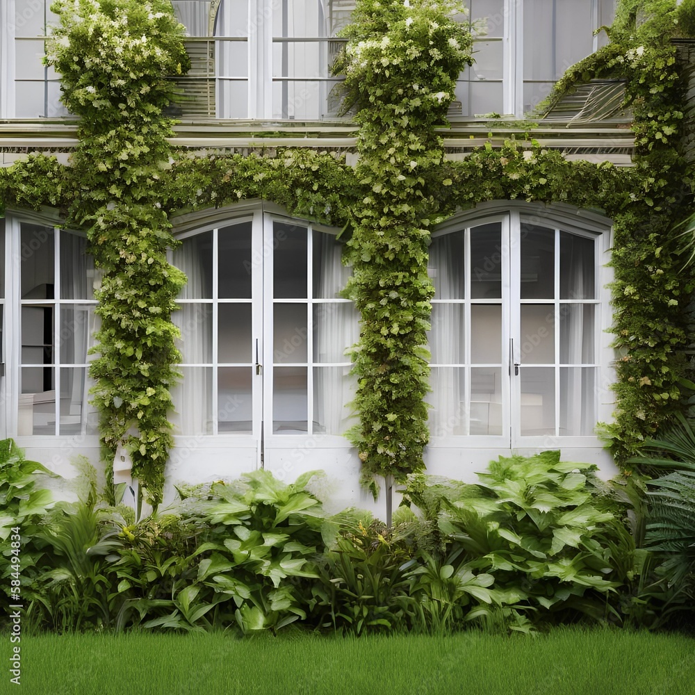 A neglected courtyard house with overgrown plants and weeds1, Generative AI