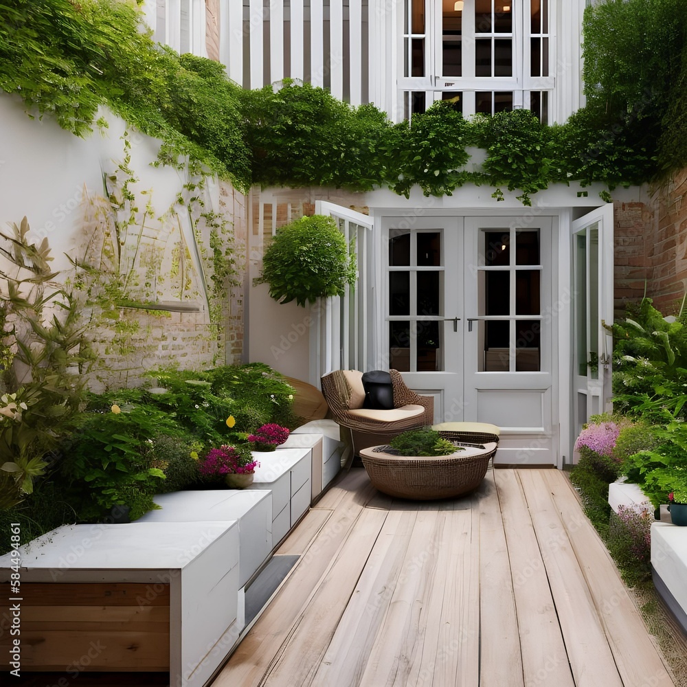 A cosy courtyard house with a small garden in the centre1, Generative AI