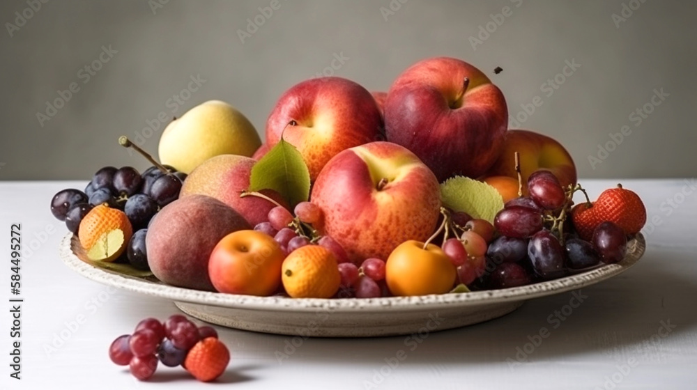 Composition with fresh fruits in a plate isolated on white background. Health food. Created using Generative AI technology. Composition with fresh fruits in a plate isolated on white background. Health food. Created using Generative AI technology.
