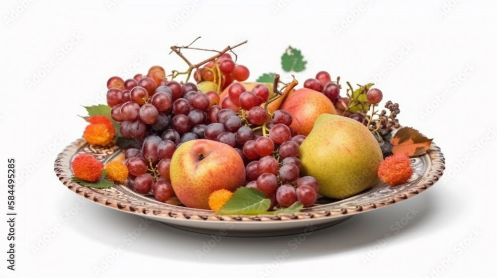 Composition with fresh fruits in a plate isolated on white background. Health food. Created using Generative AI technology. Composition with fresh fruits in a plate isolated on white background. Health food. Created using Generative AI technology.