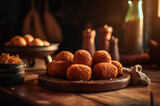 Delicious homemade croquettes on wooden table in rustic kitchen background. AI generated