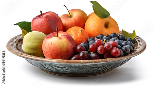 Composition with fresh fruits in a plate isolated on white background. Health food. Created using Generative AI technology.