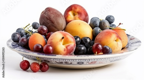 Composition with fresh fruits in a plate isolated on white background. Health food. Created using Generative AI technology.