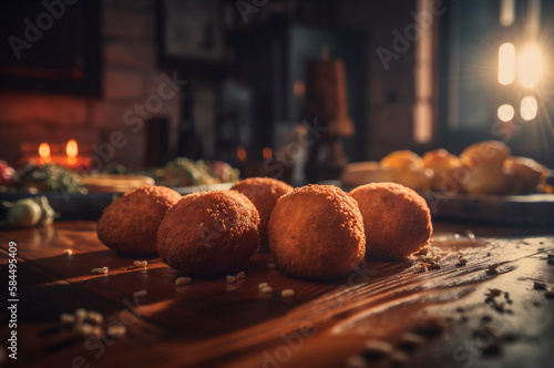 Delicious homemade croquettes on wooden table in rustic kitchen background. AI generated photo