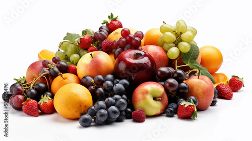 Composition with fresh fruits isolated on white background. Health food. Created using Generative AI technology.