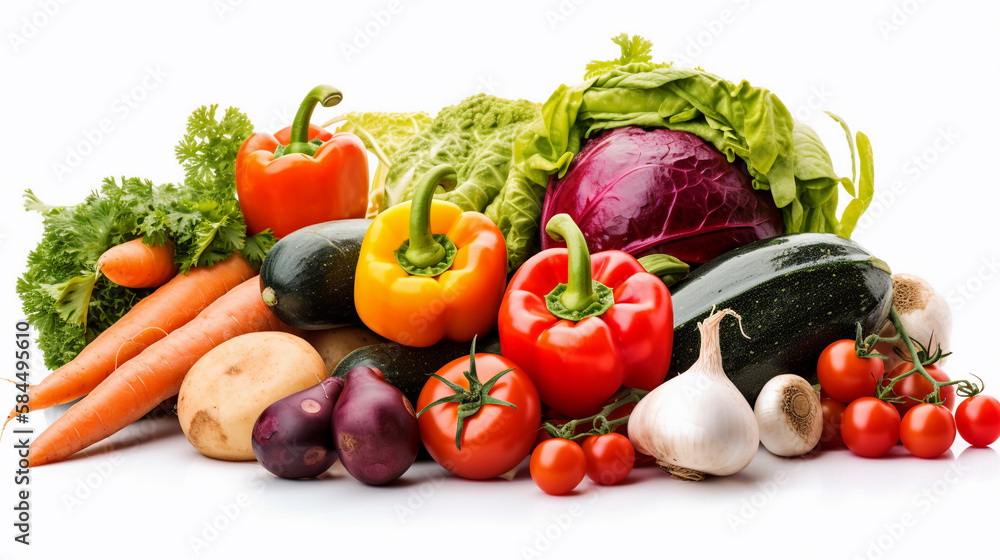 Fresh vegetables isolated on a white background. Health food. Diet. Created using Generative AI technology. Fresh vegetables isolated on a white background. Health food. Diet. Created using Generative AI technology.
