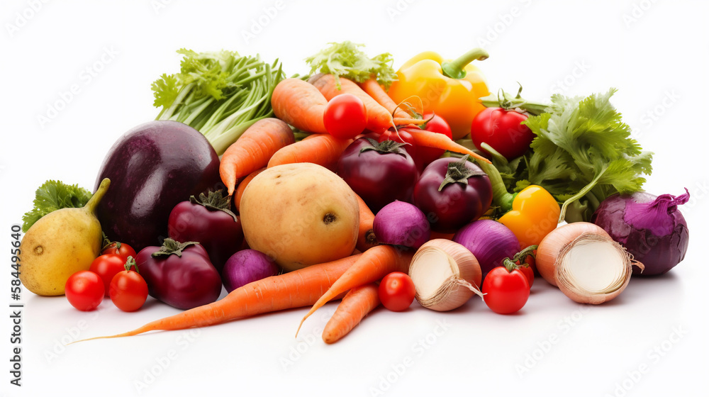 Fresh vegetables isolated on a white background. Health food. Diet. Created using Generative AI technology. Fresh vegetables isolated on a white background. Health food. Diet. Created using Generative AI technology.
