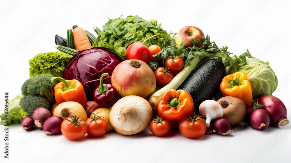 Fresh vegetables isolated on a white background. Health food. Diet. Created using Generative AI technology. Fresh vegetables isolated on a white background. Health food. Diet. Created using Generative AI technology.