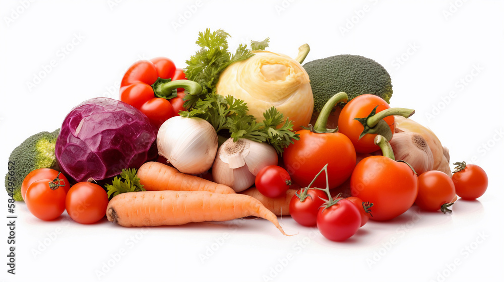 Fresh vegetables isolated on a white background. Health food. Diet. Created using Generative AI technology. Fresh vegetables isolated on a white background. Health food. Diet. Created using Generative AI technology.