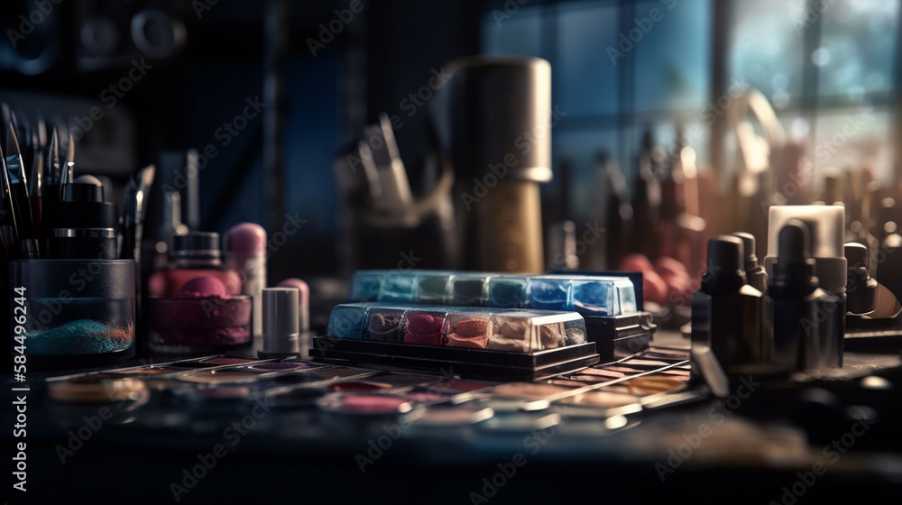 Makeup brushes and cosmetics on a wooden table in a dark room.generative ai