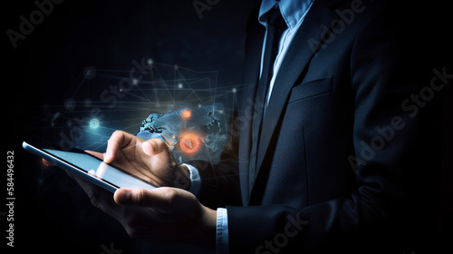 Close up of businessman using mobile phone with global network concept on screen.generative ai