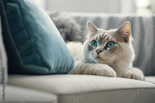A cat with blue eyes lies on a couch. Closeup of a cat resting on a sofa. Generative AI