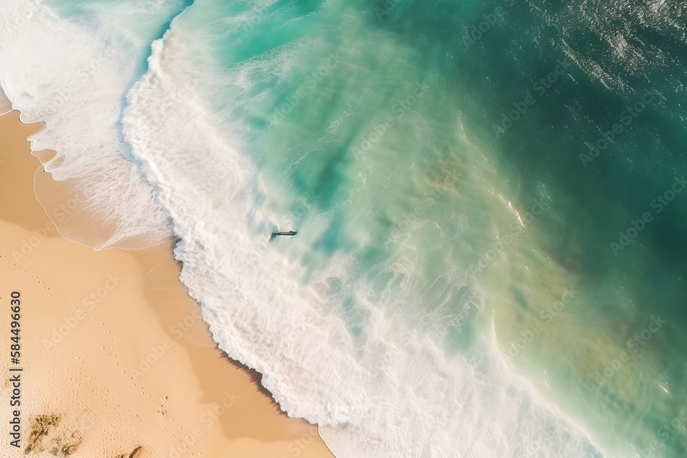 Waves crashing into tropical beach view from drone. Generative AI