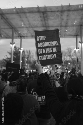 Racial rights Protest Black Lives Matter sign Black and White Stop Aboriginal Deaths in Custody © Peacock Stock