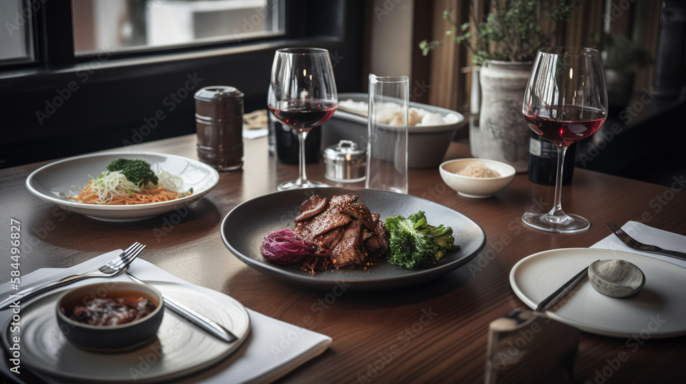 A Korean meal with wine, laid out on a wooden restaurant table. AI generated. A Korean meal with wine, laid out on a wooden restaurant table. AI generated.