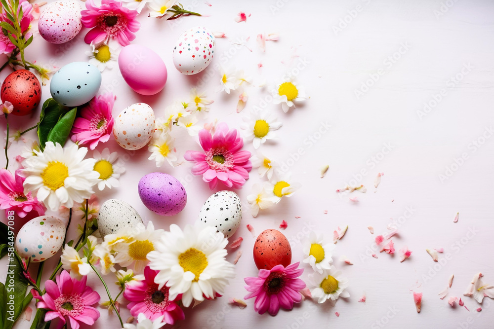 Easter background with spring flowers and decorated easter eggs with copyspace generative AI illustration Easter background with spring flowers and decorated easter eggs with copyspace generative AI illustration