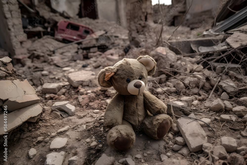 Abandoned teddy bear in the middle of ruined building at war zone . Generative AI
