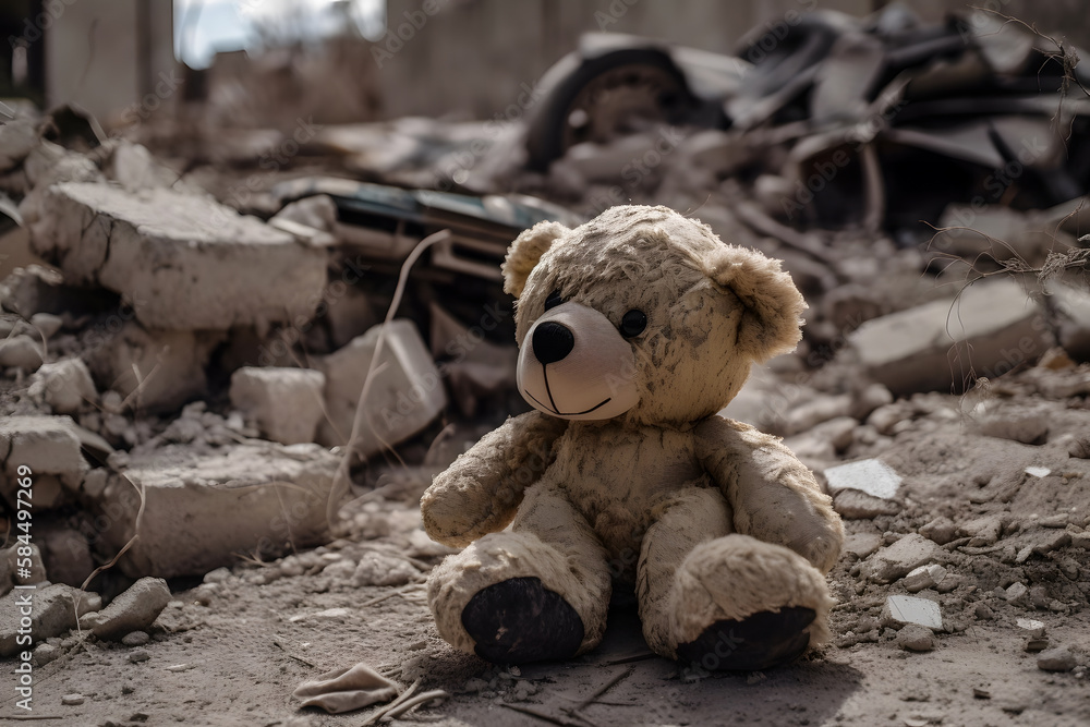 Abandoned teddy bear in the middle of ruined building at war zone . Generative AI Abandoned teddy bear in the middle of ruined building at war zone . Generative AI