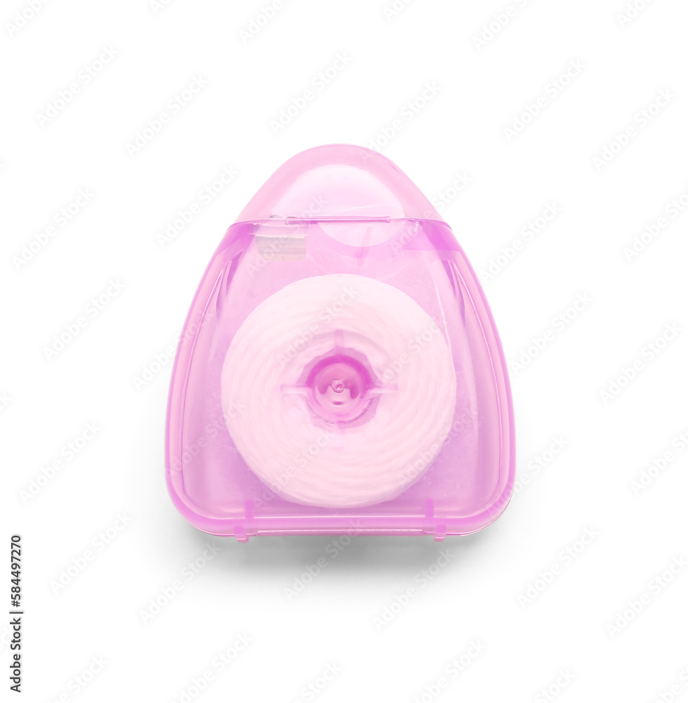 Case with pink dental floss isolated on white background Case with pink dental floss isolated on white background