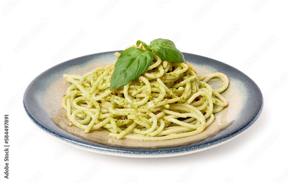 Plate with tasty pesto pasta on white background