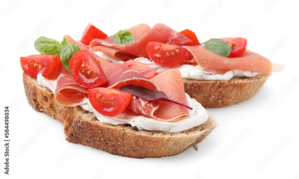 Tasty bruschettas with prosciutto, tomatoes and cheese on white background