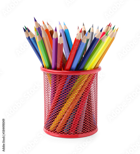 Many different colorful pencils in holder isolated on white