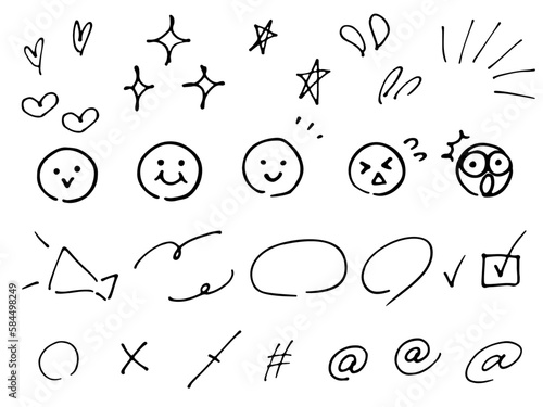 手描きのハートや星や顔文字などのワンポイント記号セット