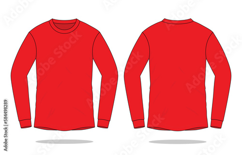 Blank Red Long Sleeve T-Shirt Template on White Background. Front and Back Views, Vector File.