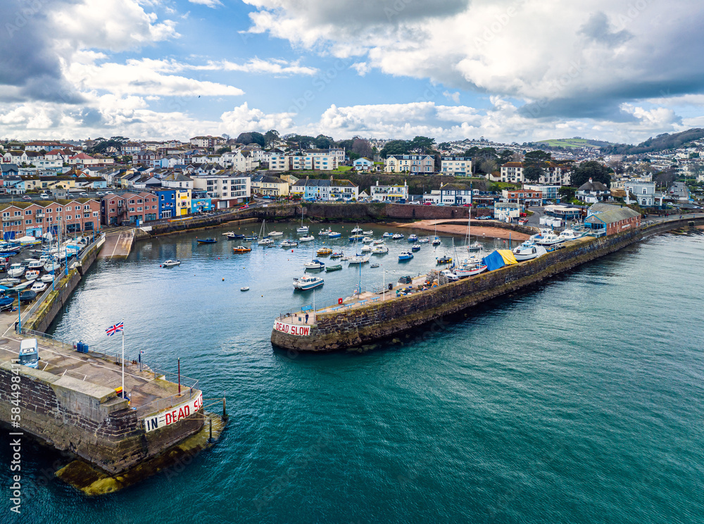 Aerial view of Paignton Harbour and South Quay from a drone, Paignton, Devon, England, Europe
