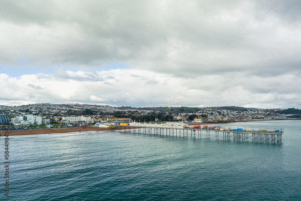 Aerial view of Paignton Pier and Beach from a drone, Paignton, Devon, England, Europe