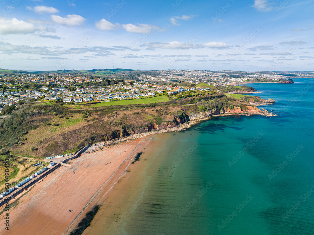 Aerial view of Armchair Cove and Broadsands Beach from a drone, Paignton, Devon, England, Europe