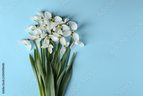 Beautiful snowdrops on light blue background, flat lay. Space for text © New Africa