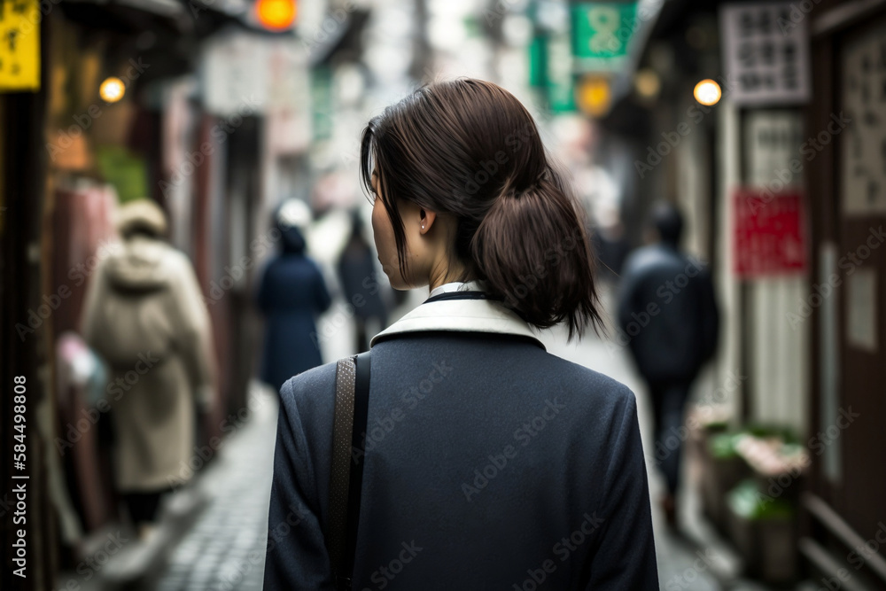 Female student standing at the center of Asia, Japan street, wandering, travel, thinking about life, city life 