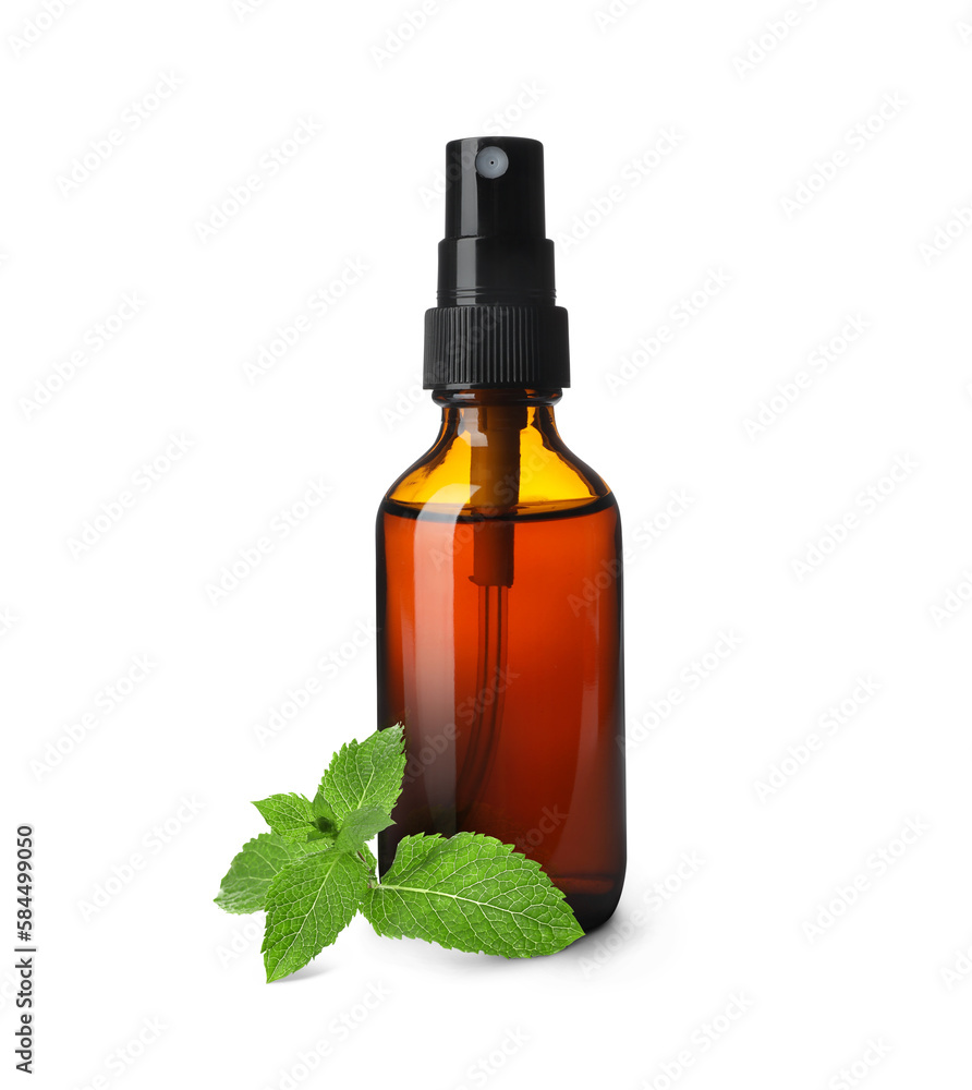Bottle of mint essential oil and green leaves on white background Bottle of mint essential oil and green leaves on white background