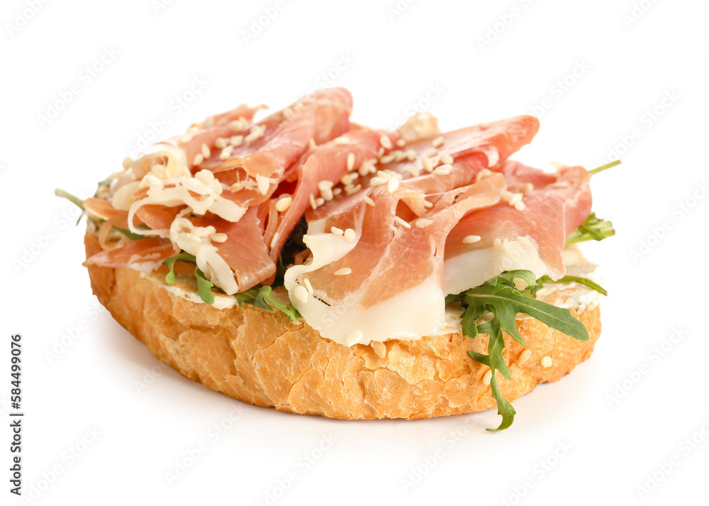 Tasty bruschetta with ham isolated on white background Tasty bruschetta with ham isolated on white background