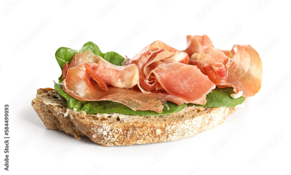 Tasty bruschetta with ham isolated on white background