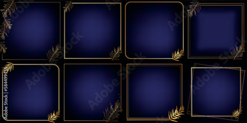 Set of golden elegant, solemn frames with floristic elements, palm leaves on a deep blue background. Suitable for label, notepad, congratulations, boutique, poster, postcard, cosmetics, textile