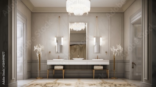 beautiful  home interior design powder room contemporary interior design elevation look at counter with basin and dressing mirror home concept, image ai generate