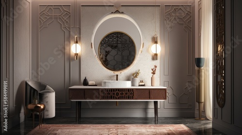 beautiful  home interior design powder room contemporary interior design elevation look at counter with basin and dressing mirror home concept, image ai generate