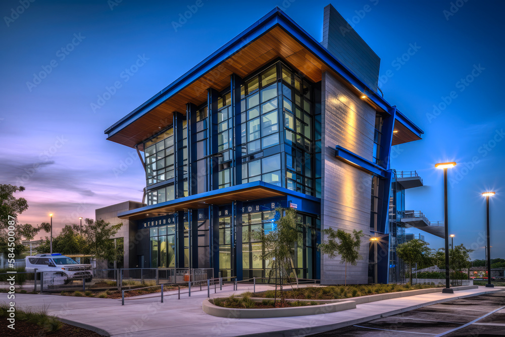 Modern police department building exterior architecture design, fictitious text. Generative AI Modern police department building exterior architecture design, fictitious text. Generative AI