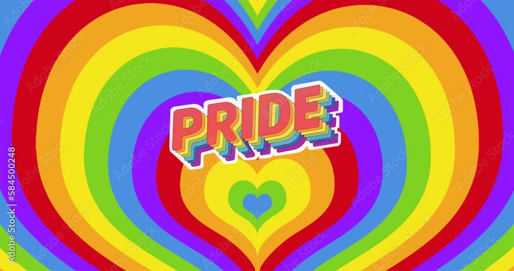Animation of pride text and flags over rainbow hearts background Animation of pride text and flags over rainbow hearts background
