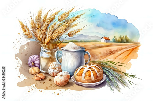 Watercolor Rural Ingredients: Flour, Egg, Wheat, and Milk on Wheat Field, for product packages photo